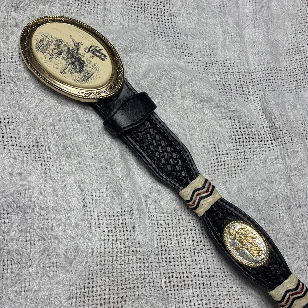 Vtg Scrimshaw Belt & Buckle By Barlow Calgary Stampede Sz 30 Leather
